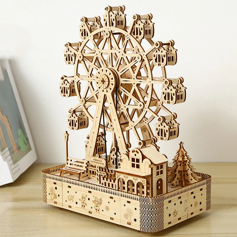 NEW Mechanical 3D Puzzle DIY Wooden Ferris Wheel with Music Light Model Building Kits Handmade Crafts Toys for Children Gifts