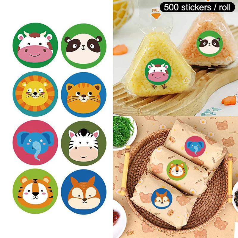 500 Pcs Children Cartoon Stickers Colorful Animal Label Seal Stickers Round Rice Ball Packaging Bag Stickers