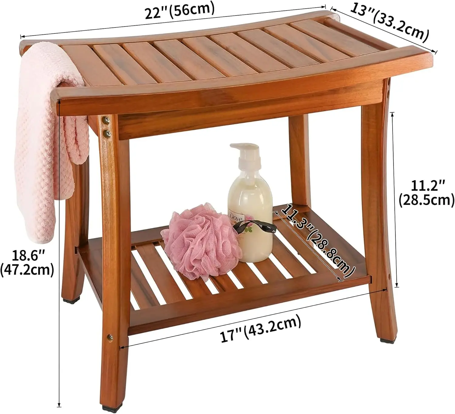 Teak Shower Bench Seat with Handles, Portable Wooden Spa Bathing Stool with Storage Towel Shelf