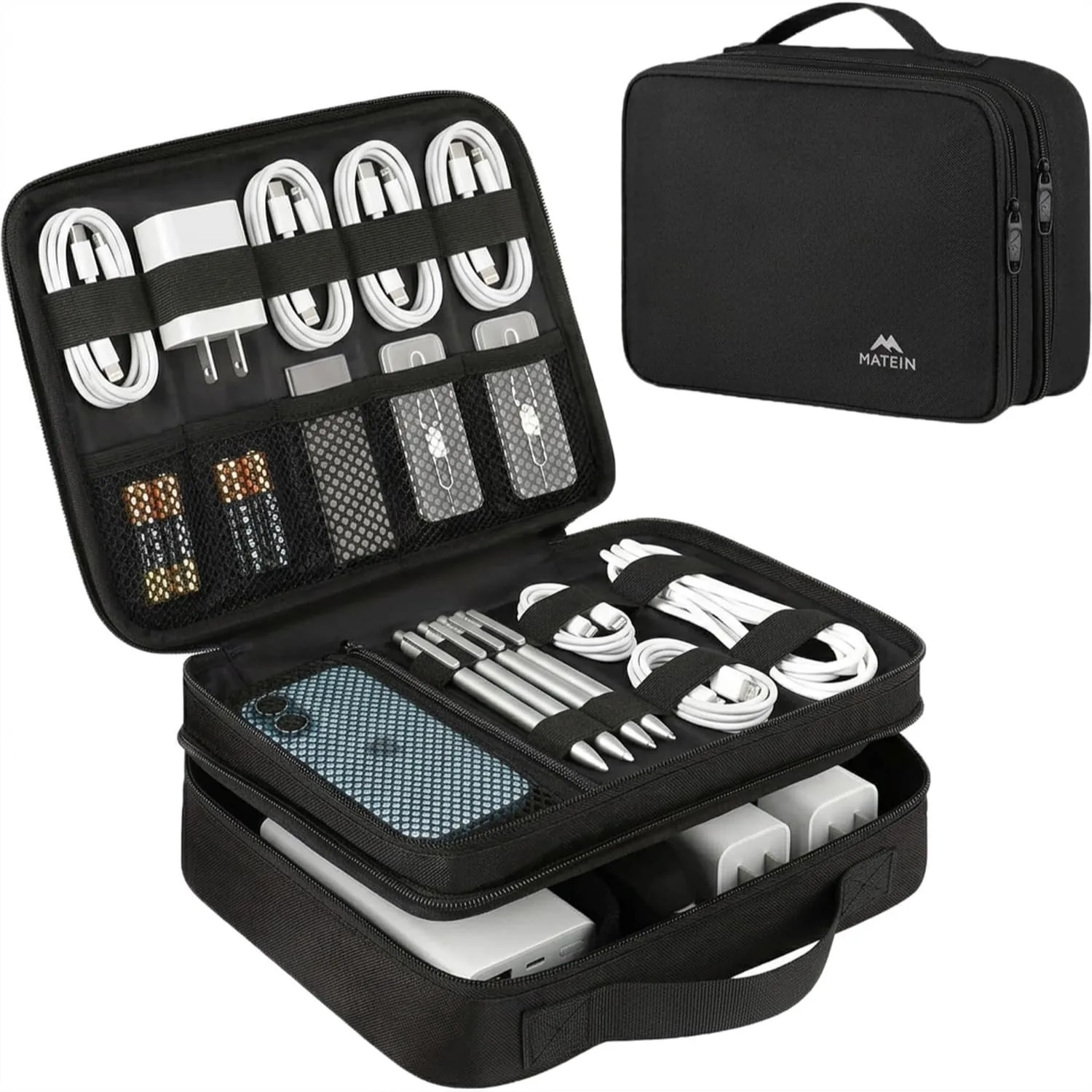 Electronics Organizer Travel Case with Cable Storage, Water Resistant Gadget Bag for Tablet, Phone, and Cords, Black