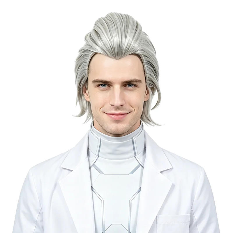 Dr. Stone Season 4 Dr. Xeno Cosplay Wigs Silver Grey Slicked-back Short Anime Synthetic Wig For Men Halloween Costume Party