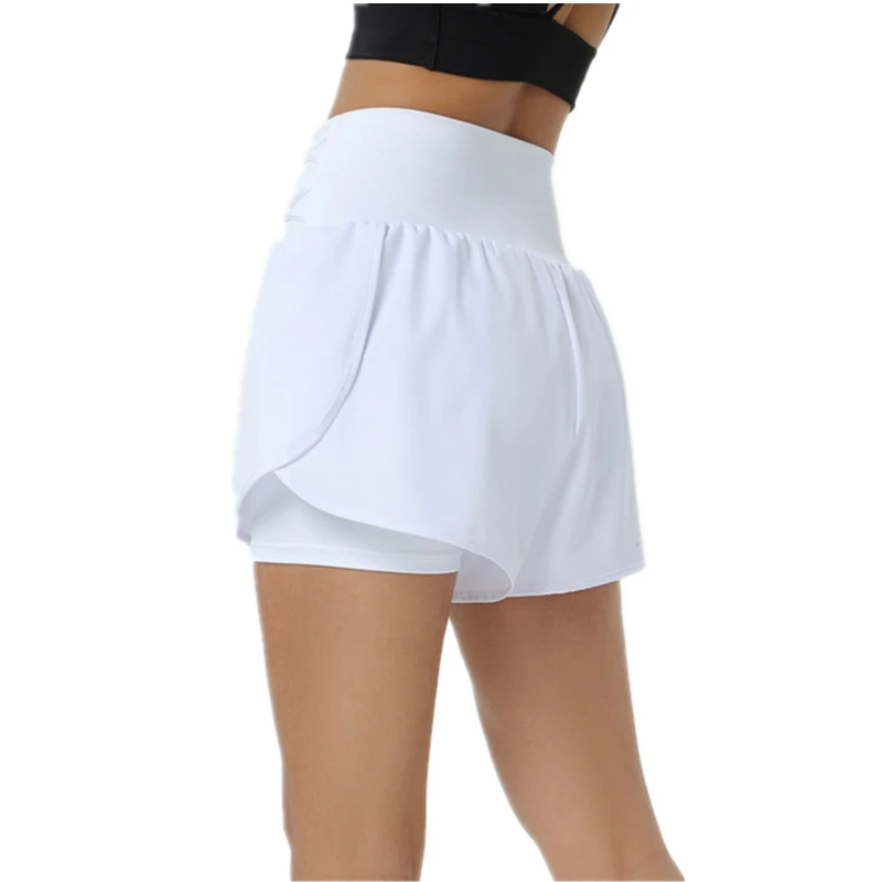 Pantalones cortos deportivos de cintura alta de dos piezas para vacaciones de verano para mujer, pantalones cortos para correr de Fitness antiexposición, transpirables y cómodos