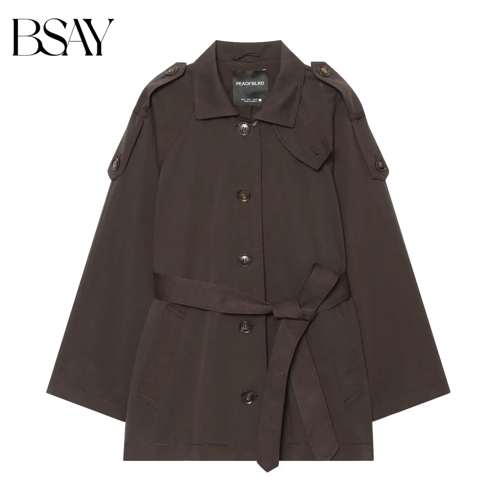 BSAY 2026 Minimalist Commuter Women Short Trench Coat Lapel Shoulder Epaulets Self Tie Belt Waist Casual Long Sleeve Wind Jacket