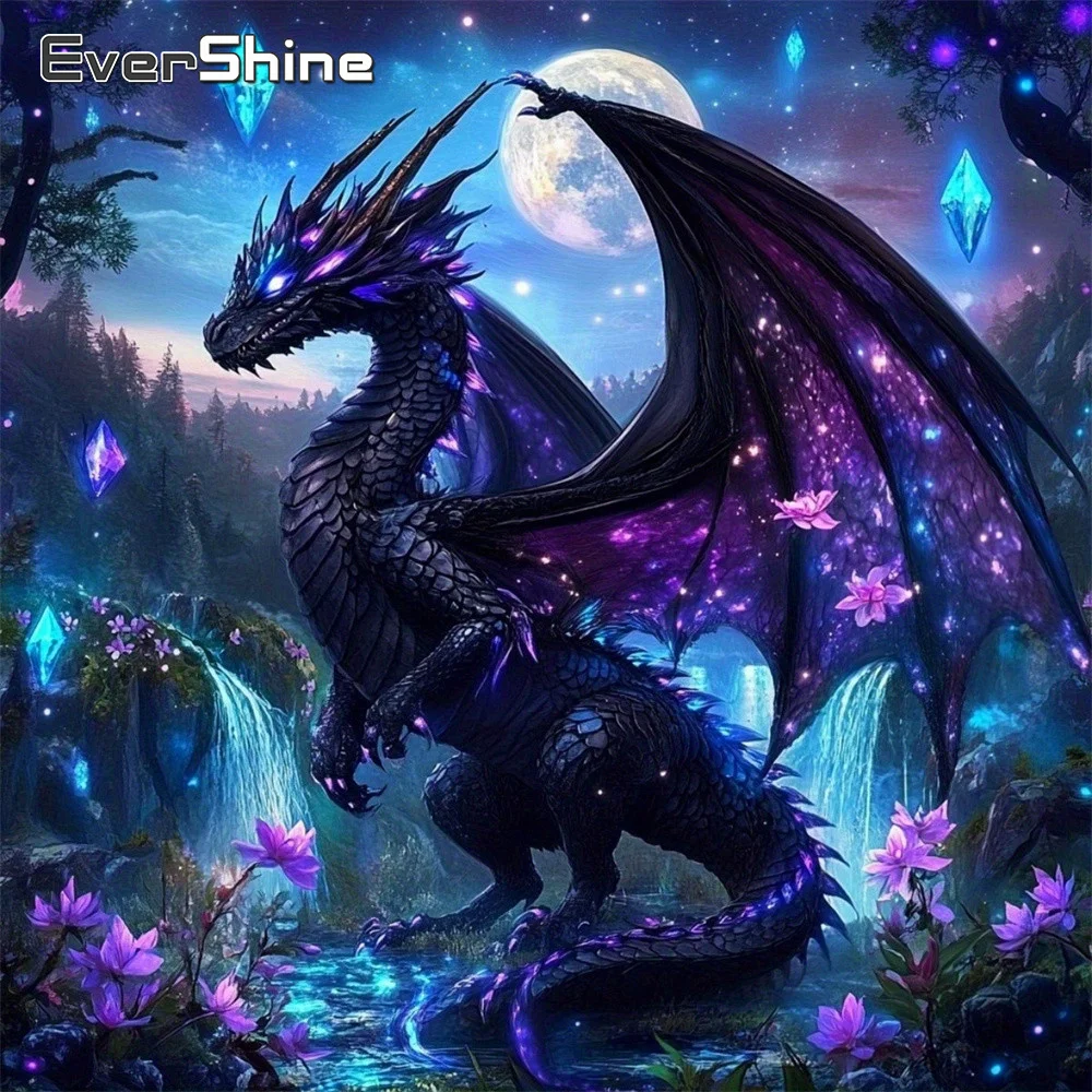 EverShine Tier-Diamant-Mosaik Drache Vollquadrat-Gemälde Wasserfall-Bild Strass-Stickerei Mond Heimdekoration