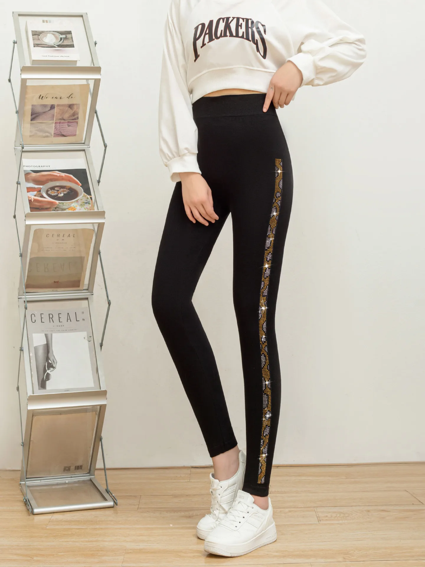 ゴールドラインストーンレギンス レディースファッション ハイウエスト ナインポイント ベース ロングパンツ キラキラ輝くスパンコール スリムフィット カジュアルパンツ