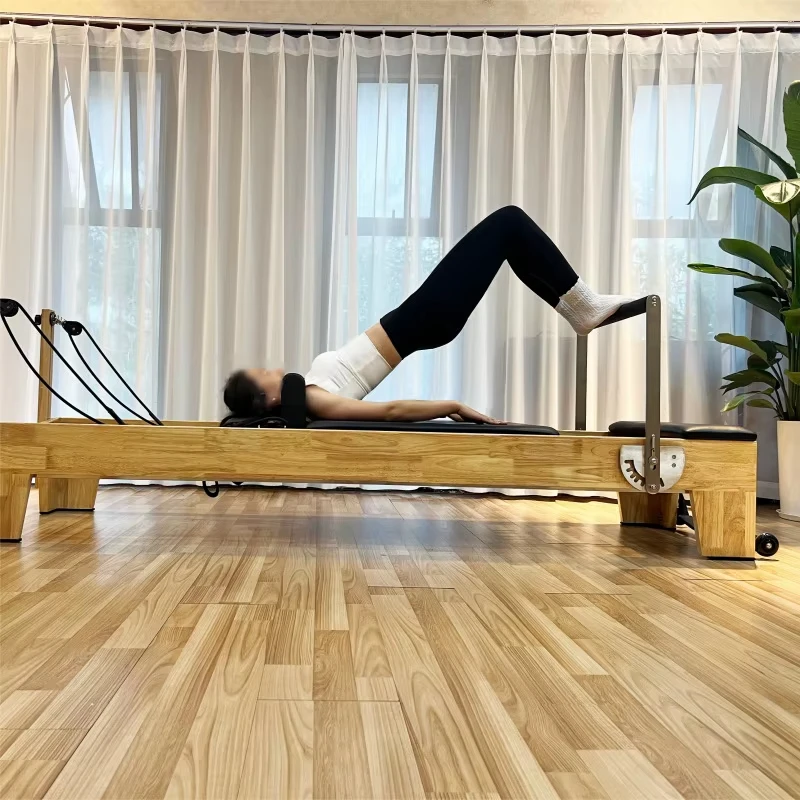 Ready Stock Oak Wood Pilates Reformer, Extended Frame, Dual Rope Resistance, Wide Carriage with Black Cushion for Home Gym