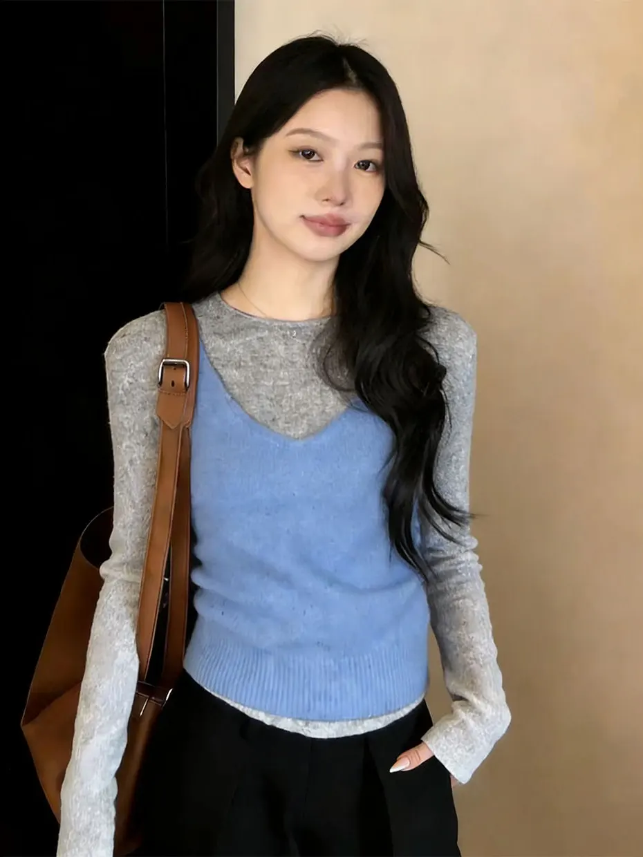 

Spring 2026 Women's Knitted Short Top Set Beautiful Inner Wear Waist-Cinching Base Shirt Stylish Layering Outfit Korean Style