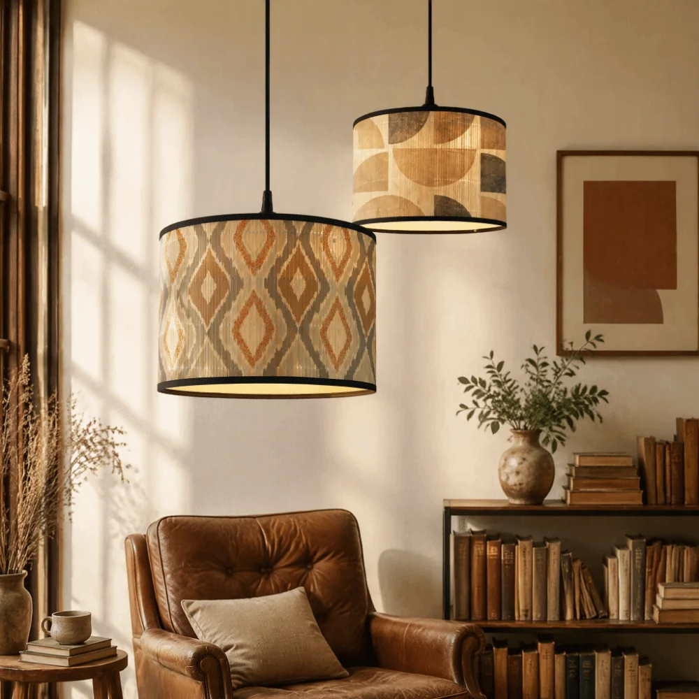 Handmade Bamboo Lampshade Hangable Long-Lasting Retro Lampshade Abstract Line Pattern Greenery Patterned Lamp Shade Ceiling
