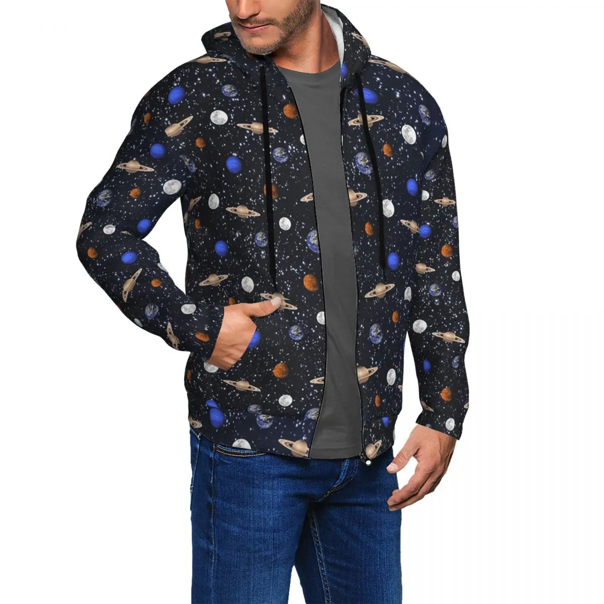 Solar System Space Planets Universe Zipper Hoodie Hip Hop Pullover Autumn Winter Men's Women's Sweatshirt Long Sleeve Tops