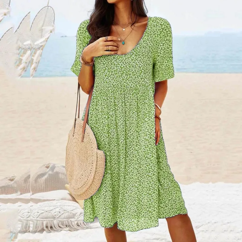 Vestido feminino verão floral bolsos plus size midi casual boêmio impresso manga curta t camisa vestidos para mulher na altura do joelho