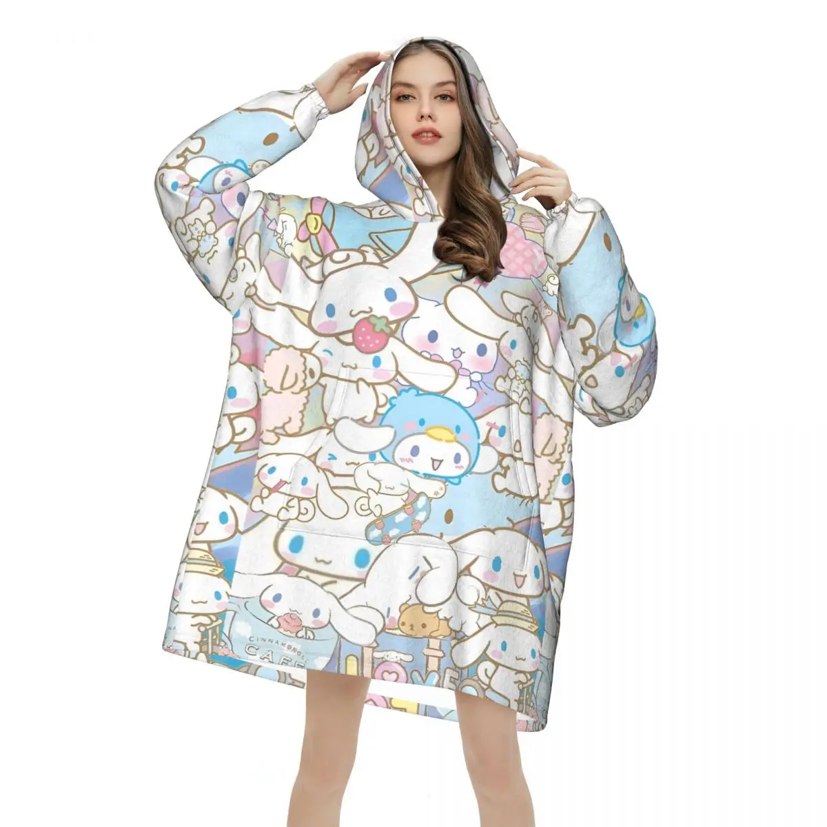 Cartoon Cinnamoroll Kawaii Wearable Blanket Hoodie for Women Men Oversized Sweatshirt Blanket with Pocket