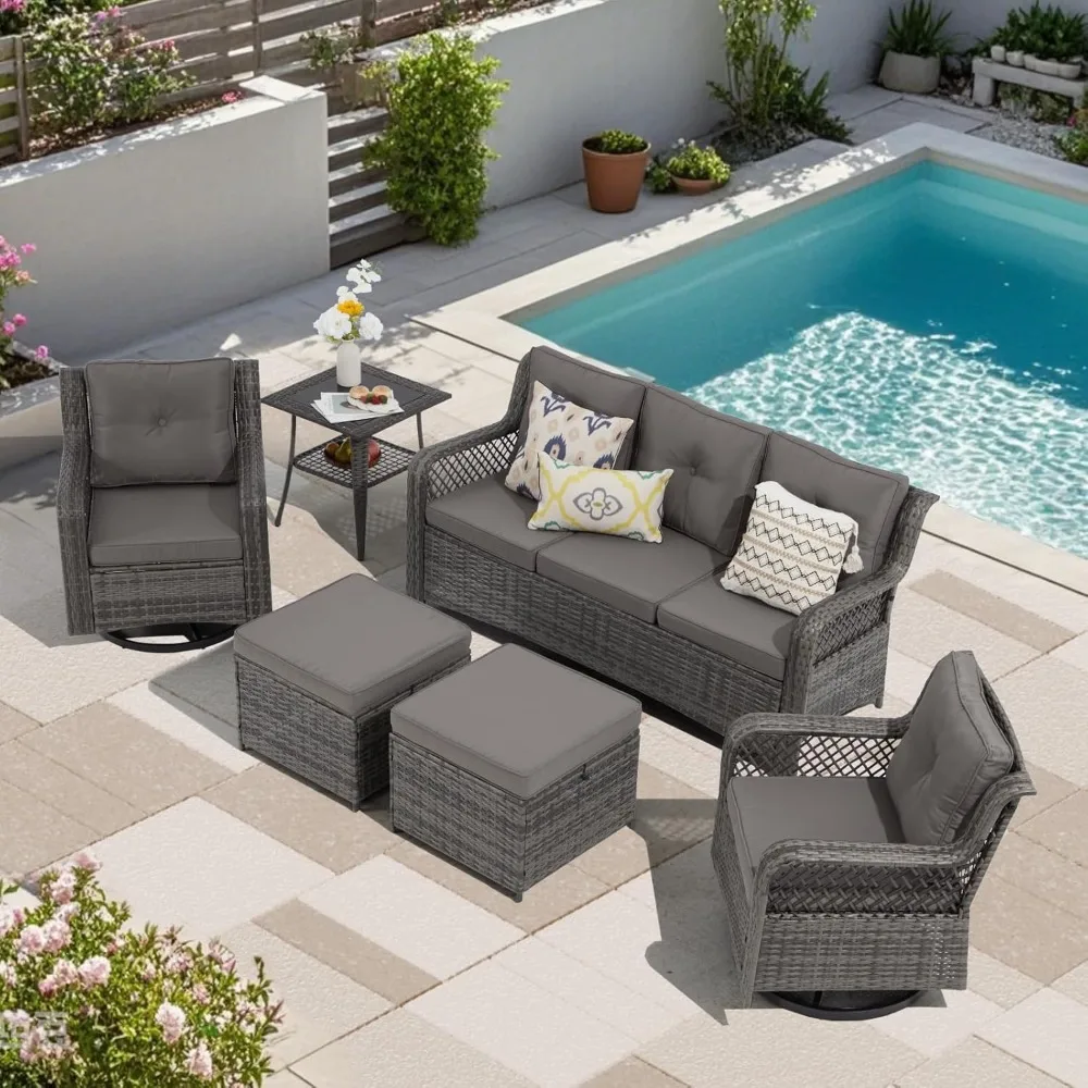 

Набор мебели для патио из 6 предметов, наборы для бесед в патио с плетеным вращающимся стулом для сада на заднем дворе (светло-серый)