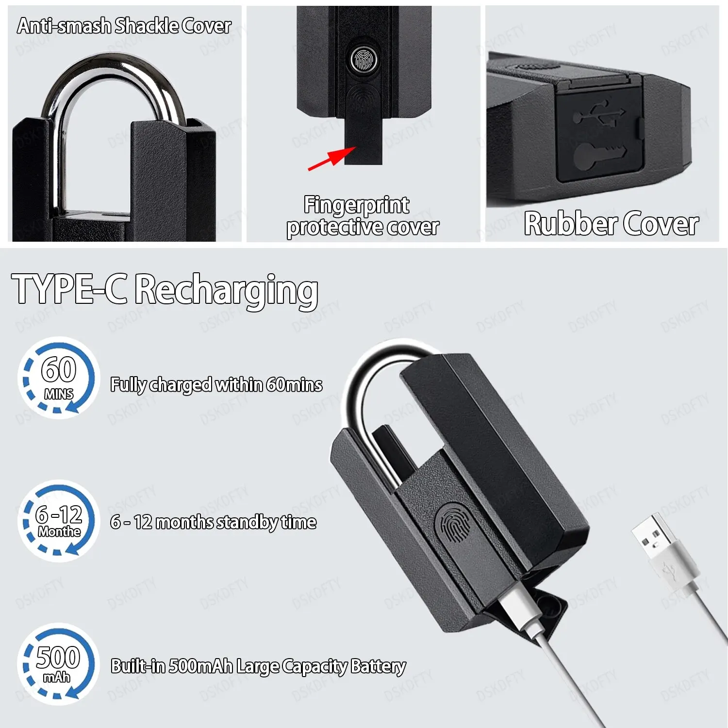 Cadenas de Sécurité Étanche à Empreintes Digitales, Noir, Rapide, Résistant aux Intempéries, Déverrouillage TTLOCK