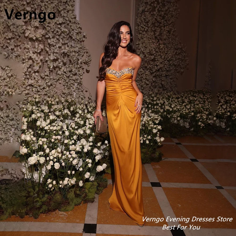 

Verngo Orange Sleeveless Sequined Pleat Satin Long Party Dress Sweetheart A Line Dress For Prom Zipper Evening Gown