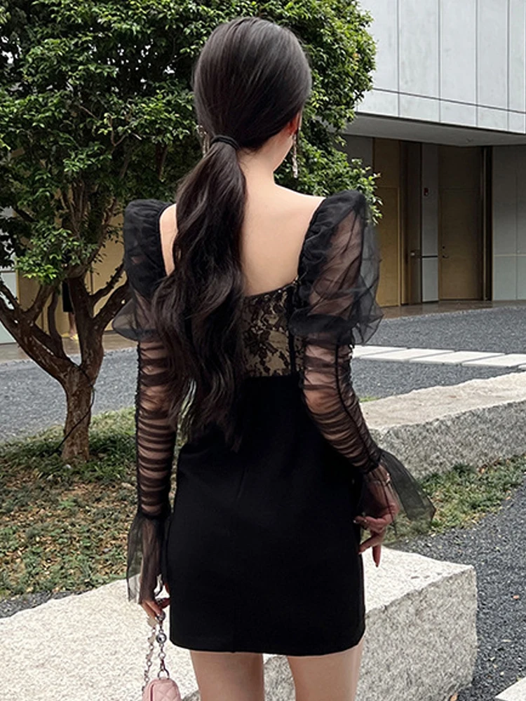 Vestidos de festa elegantes do vintage das mulheres senhora sexy luxo diamantes renda malha ver throngh manga longa vestido curto clube vestidos de baile
