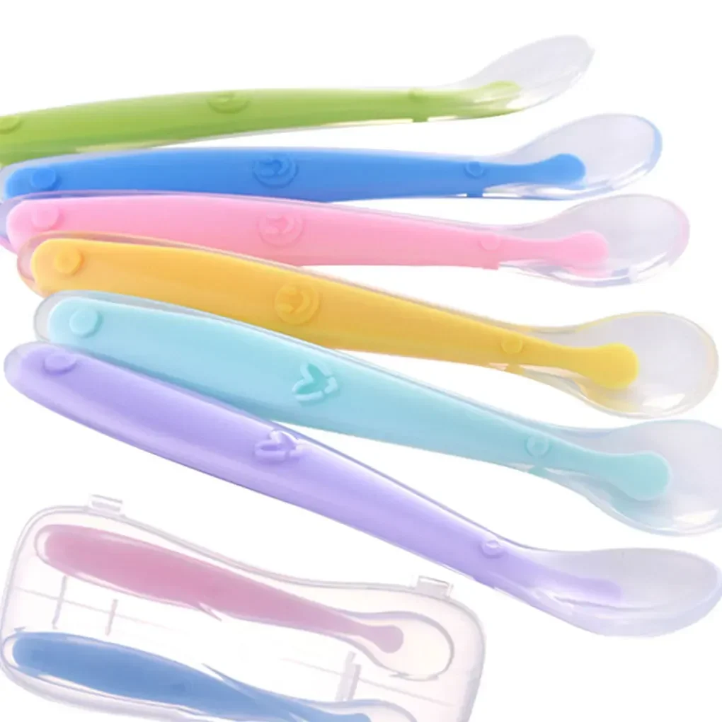 

Hot Sale Baby Soft Silicone Spoon Candy Colored Temperature Sensing Tool for Safe Easy Feeding