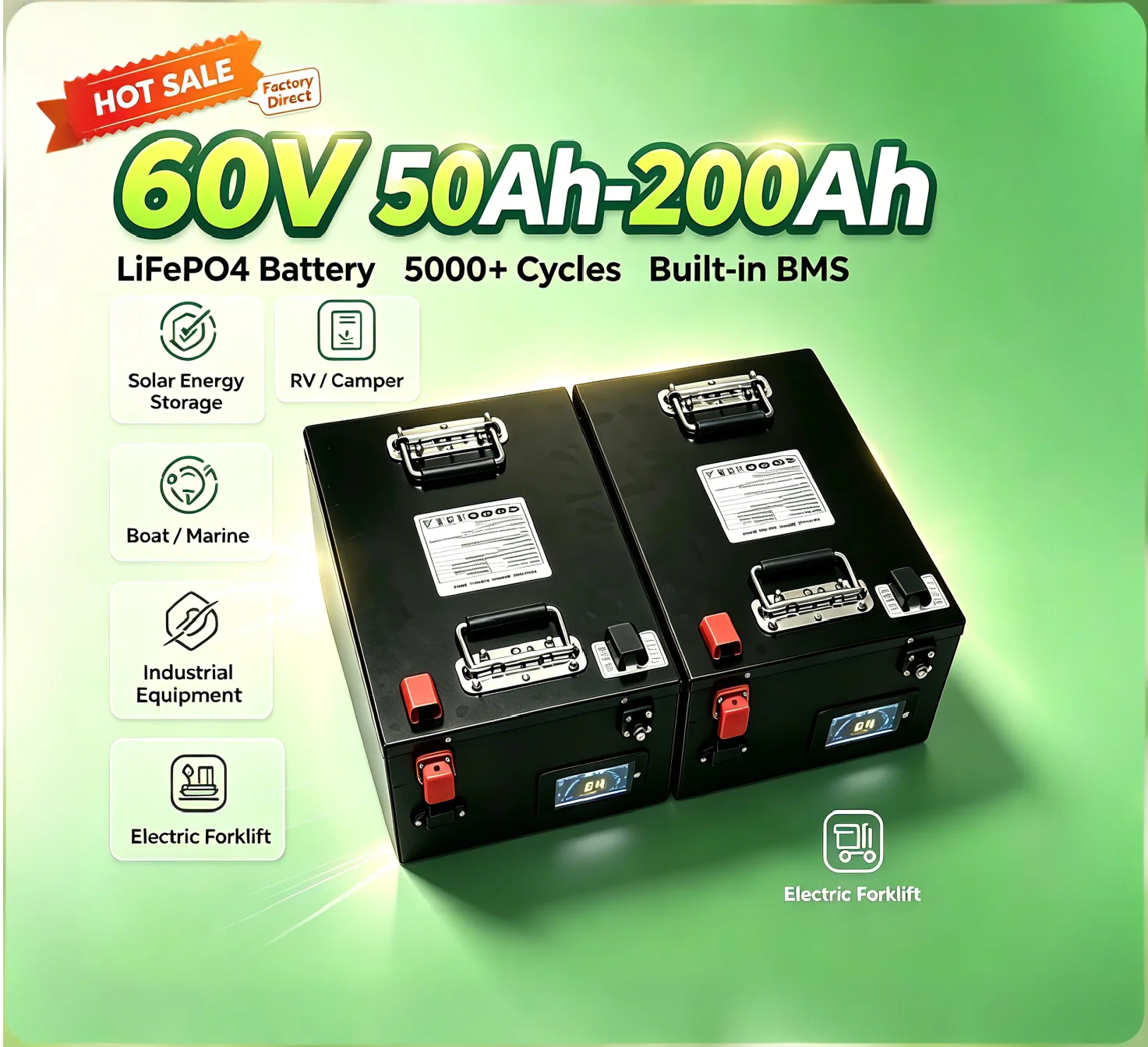 LIFEPo4 Lithium Battery Pack 60V 50Ah-200Ah  BMS 60A/80A/100A Discharging for Electric Vehicles And Power Tool