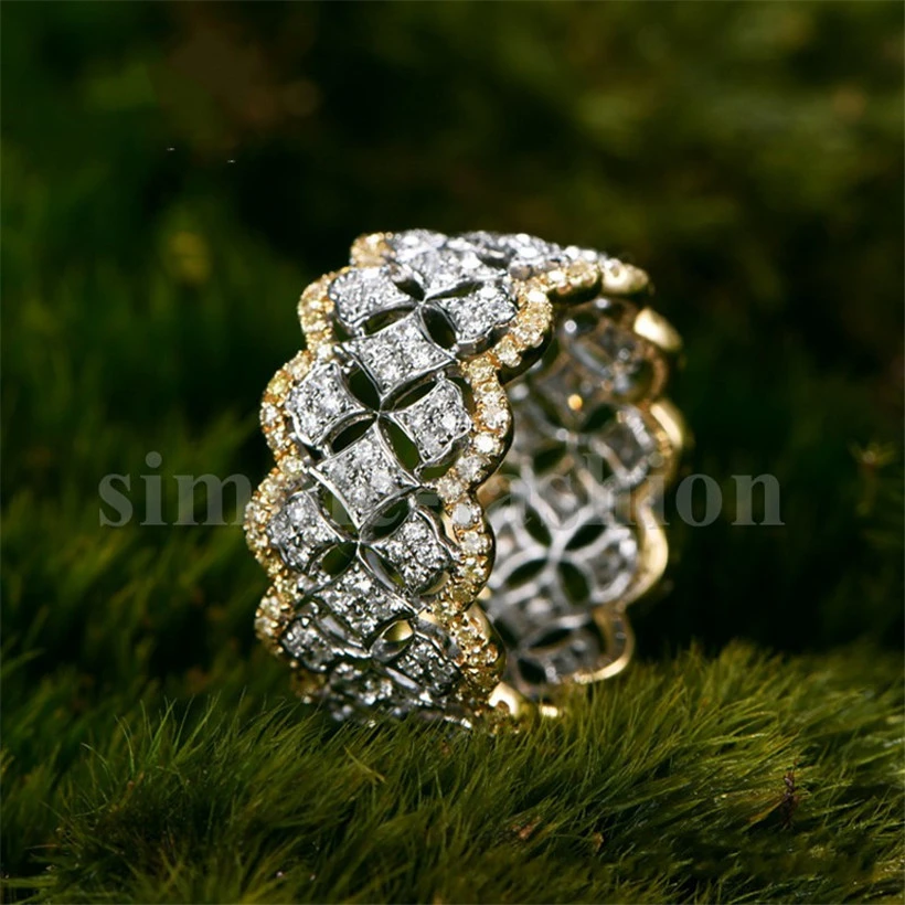 Original Cocktail 925 Sterling Silver & Gold Ring Jewelry Pave 256pcs Simulated DIAMOND White Sapphire RINGS for Women Gift