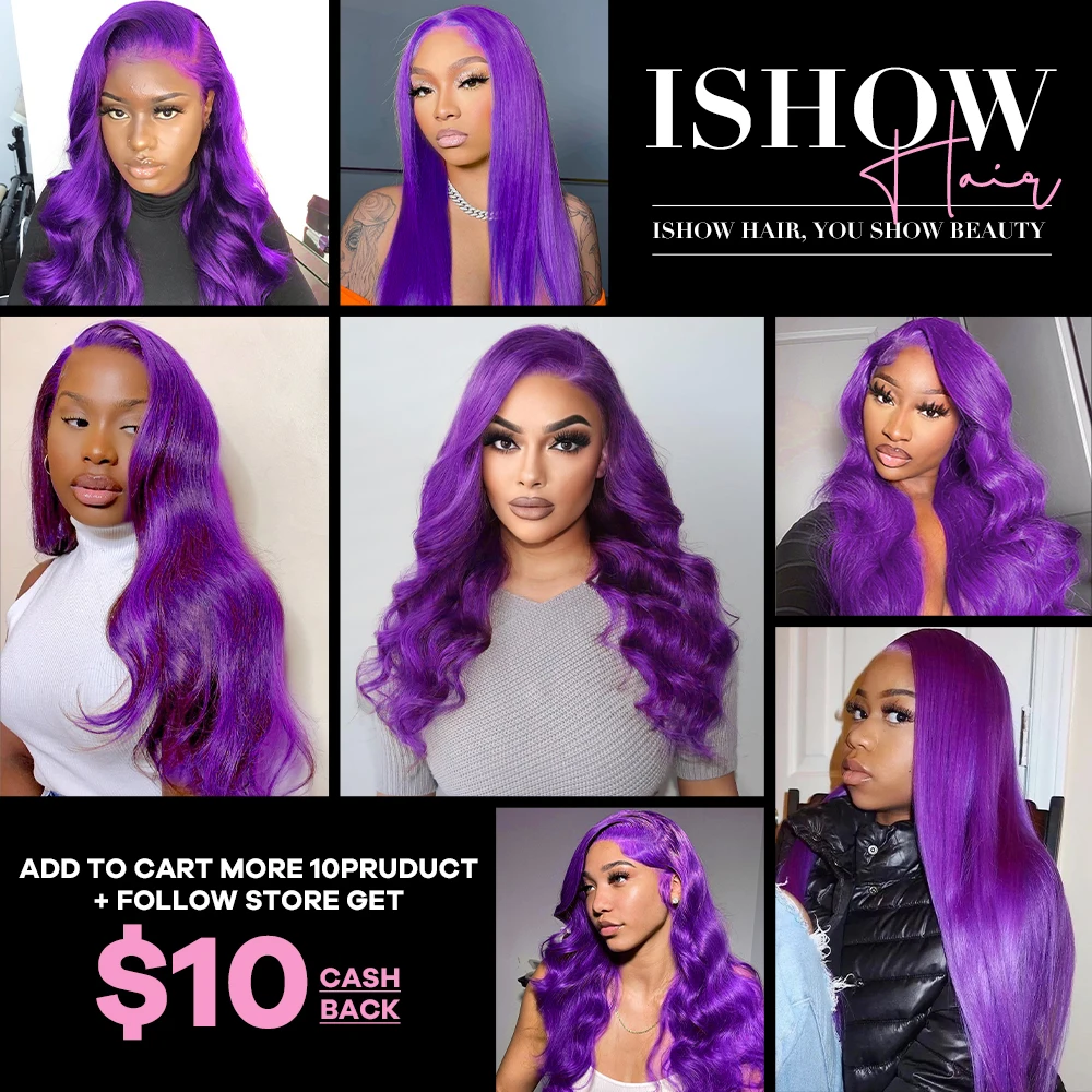 Isshow Purple Body Wave Lace Front Wig, Perucas frontais transparentes, Cabelo Humano Brasileiro, 613 Colorido, 13x4 13x6