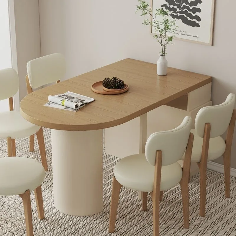 Cream-style small apartment extendable dining table, folding half-round dining table, dining table and chair combination