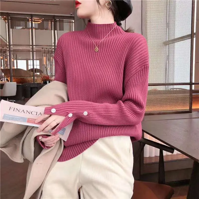 

Fashion Stand Collar Button Solid Color Casual Sweaters Women Clothing 2023 Winter Loose All-match Pullovers Commuter Tops