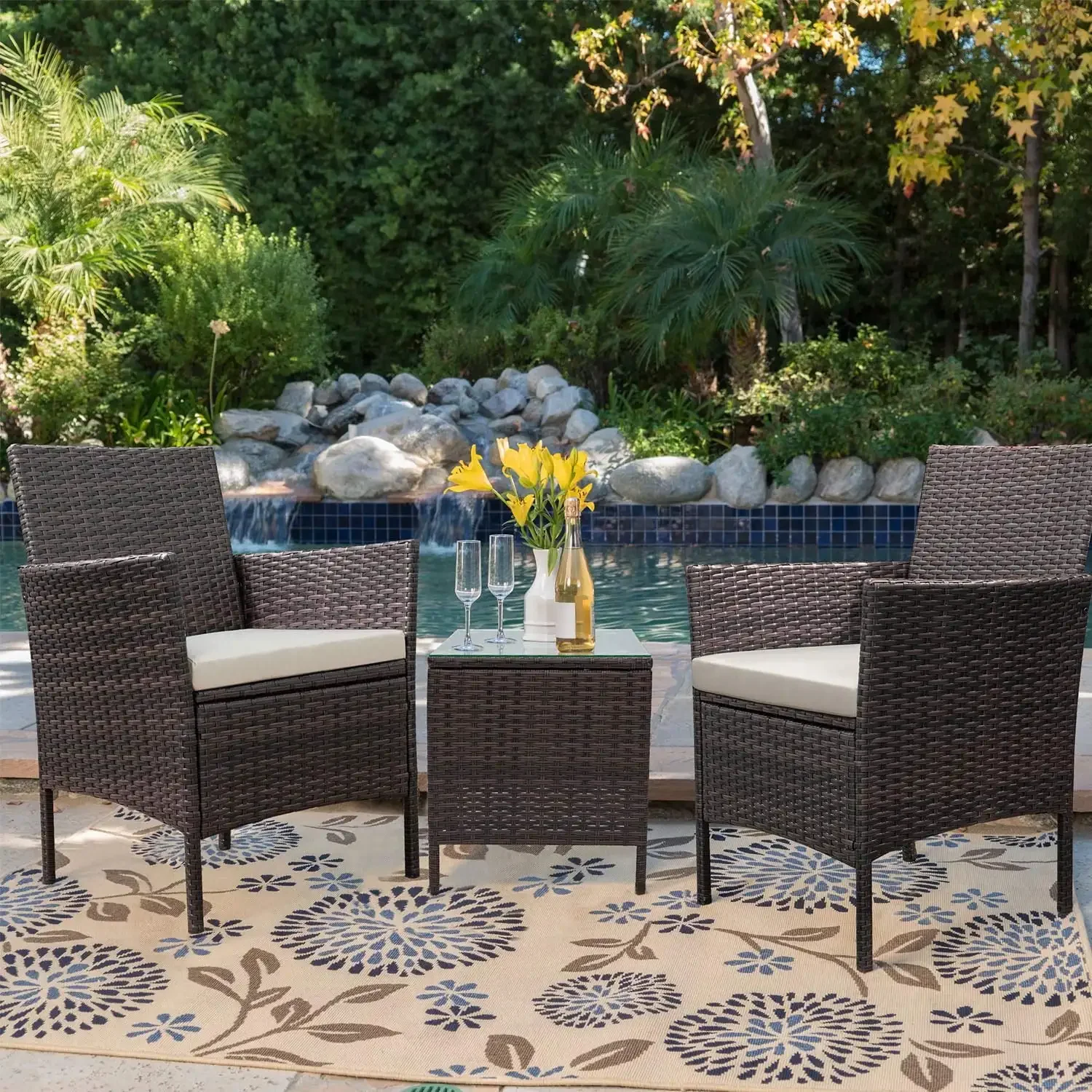 

3 Pieces Outdoor Patio Furniture PE Rattan Wicker Table and Chairs Set Bar Set with Cushioned Tempered Glass, Brown/Beige, 2