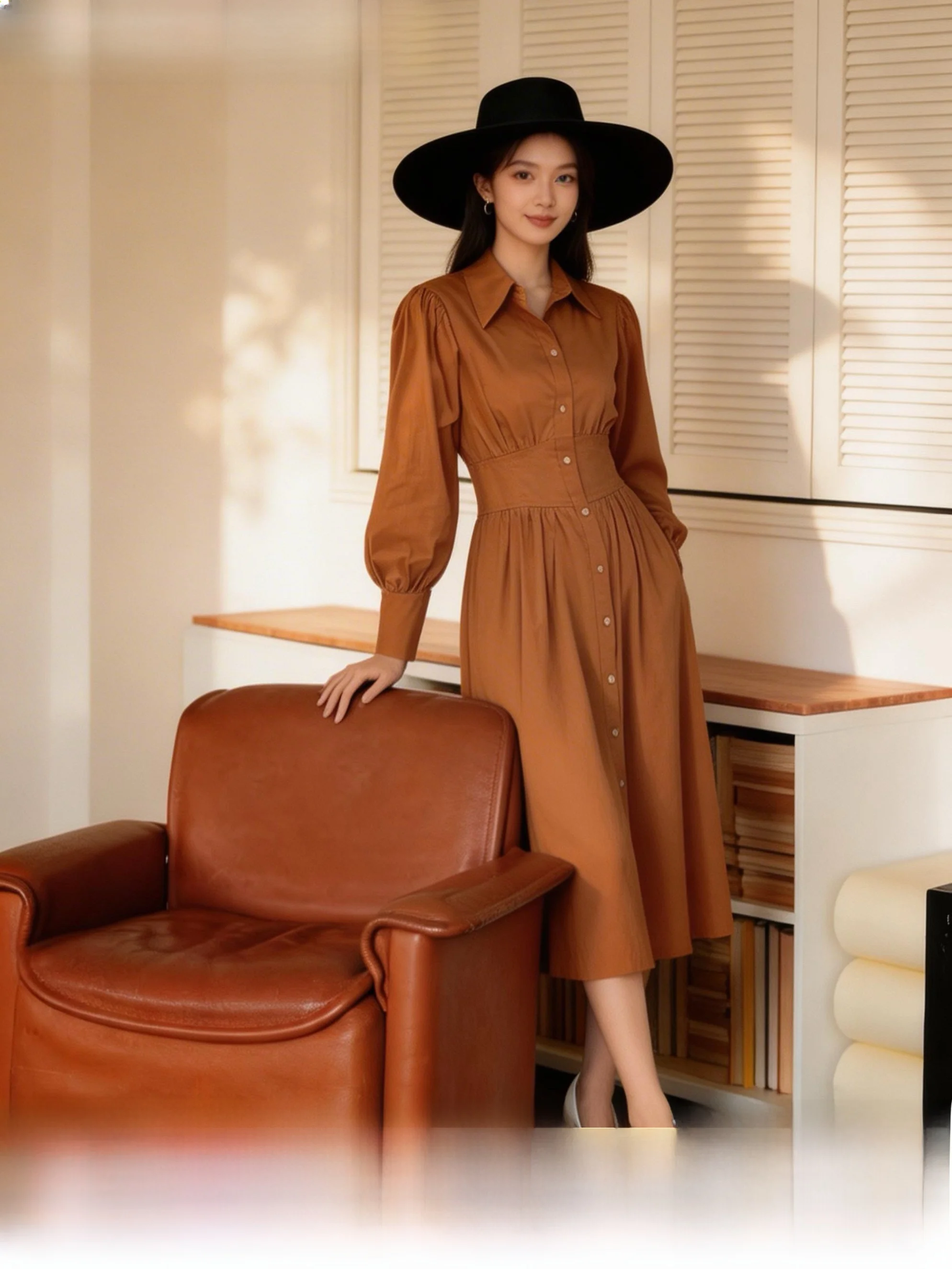 Retro Khaki Shirt Dress 100% Cotton Commute Work Simple College Style Spring Summer Autumn Long Sleeve Button up Loose Fit