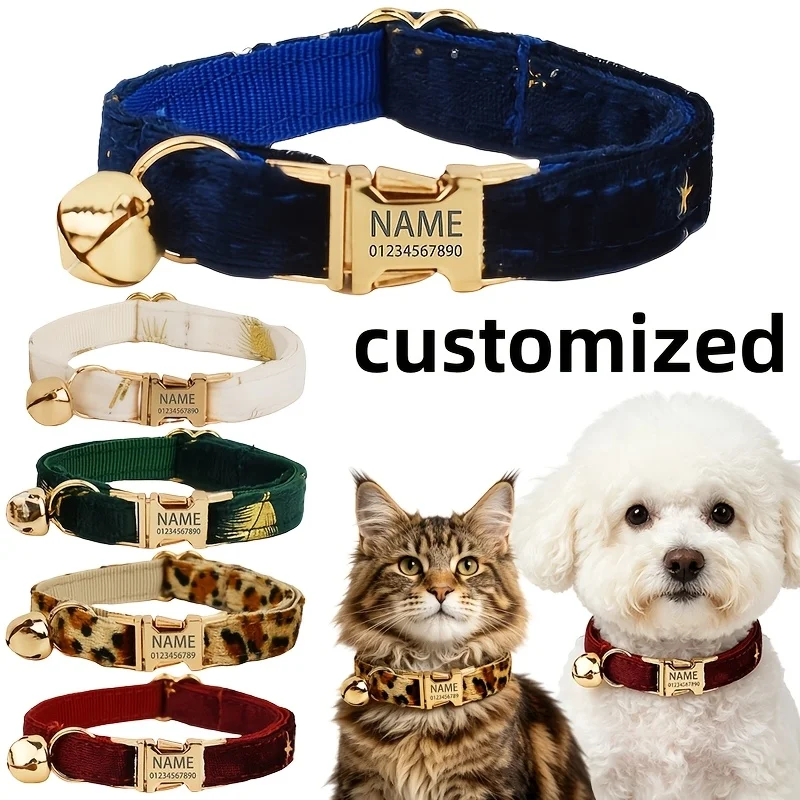 Burgundy Velvet Star Christmas Cat Collar with Engraved ID Tag, Customizable Pet ID Tag for Name and Phone Number
