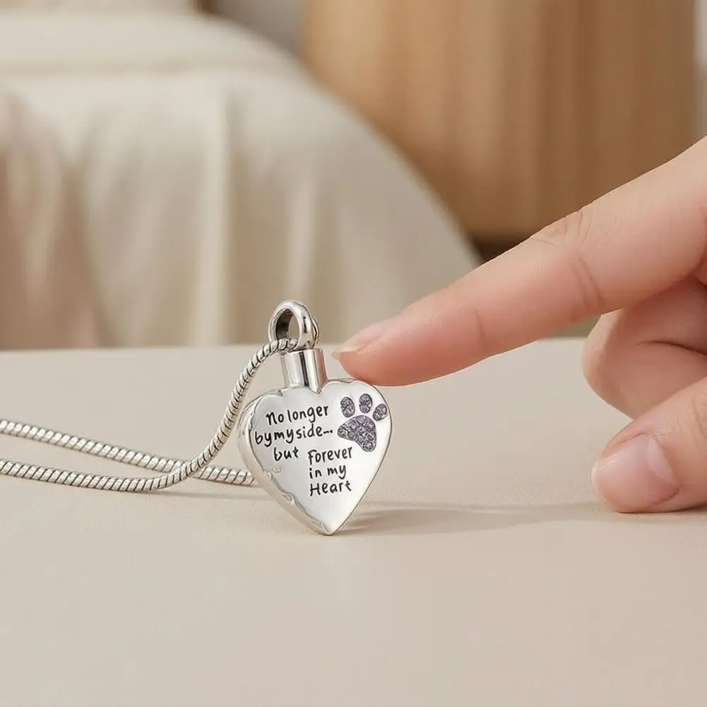 Pet Remembrance Jewelry Stainless Steel Heart-shaped Pendant Necklace Commemorative Paw Print Design Leak-proof Sealed Pet Urn