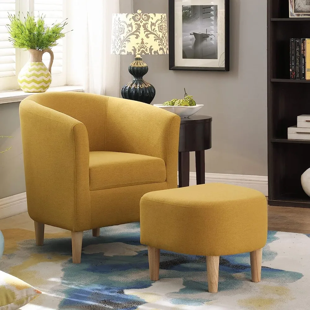 Modern Accent Chair Set of 2, Upholstered Arm Chair Linen Fabric Single Sofa Chair with Ottoman Foot Rest Mustard Comfy Armchair