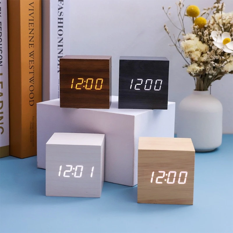 Wooden Digital Alarm Clock with Temperature Sound Control Electronic Clocks Desktop USB/AAA Powered Desperadoe LED Bedside ClocK