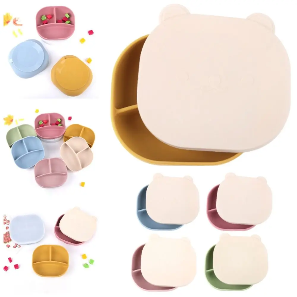 

Cartoon Bear Baby Weaning Dishes Anti-Slip Portable Baby Silicone Sucker Plate with Lid Easy Clean Children's Tableware