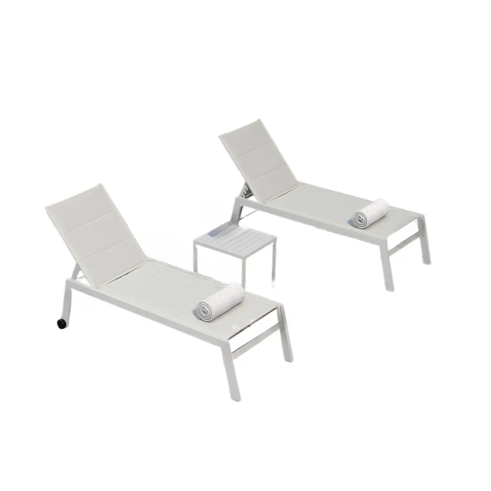 Outdoor Chaise Lounge  Set 2 , with Side Table for Poolside Beach Outside Patio Aluminum Chaise Lounger Cream