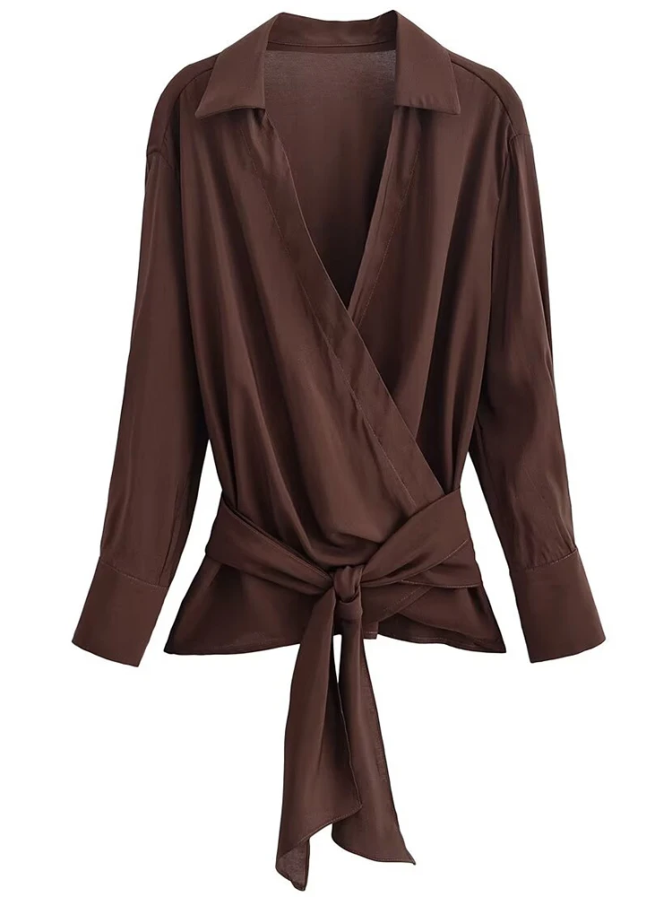 Camisa con estampado a rayas para mujer, camisa elegante de ocio con cuello en V y botones de manga larga con cinturón, nueva moda de otoño 2025