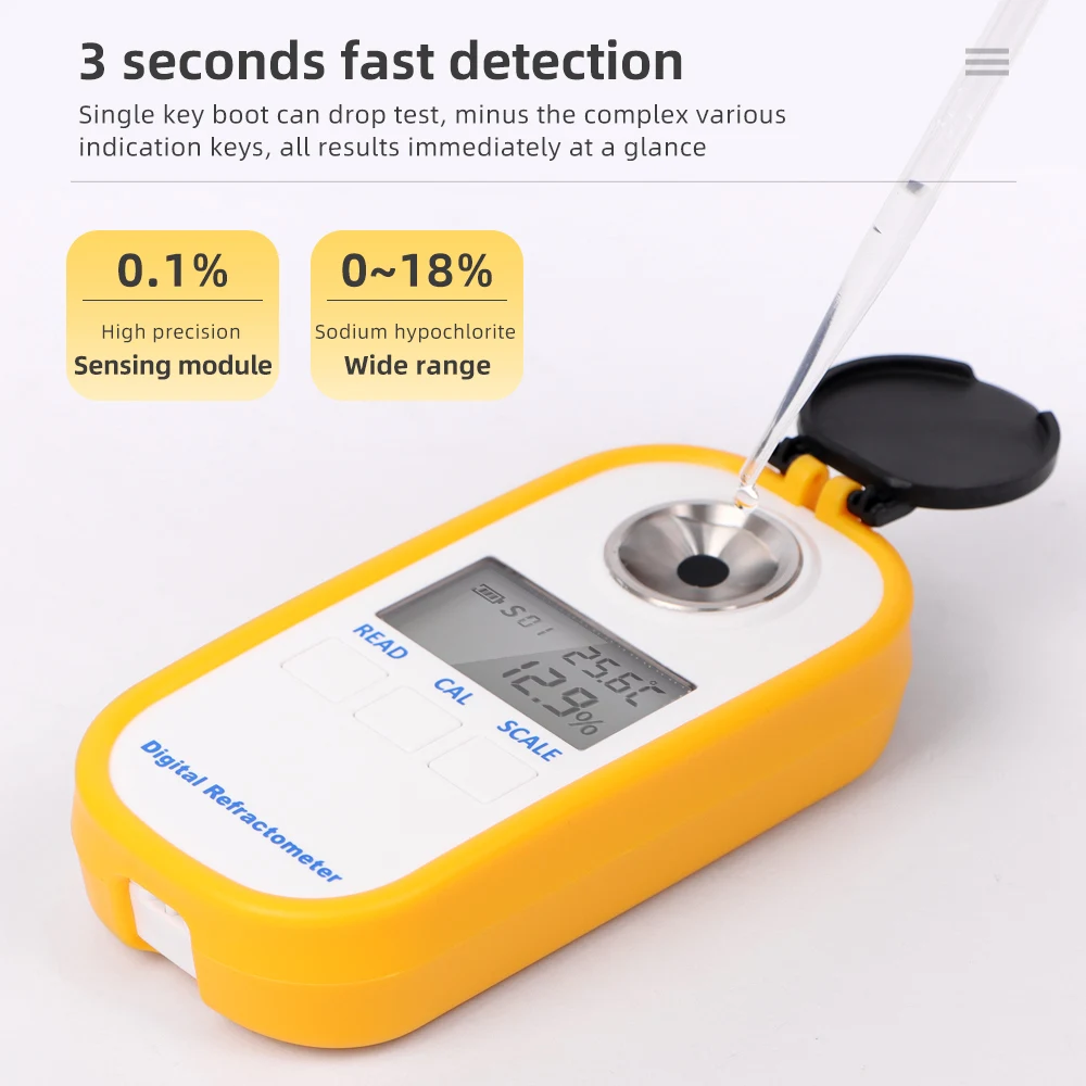 Portable Sodium Hypochlorite Refractometer LCD 0-18% Digital Refractometer Temp Compensation One-click Measurement Meter