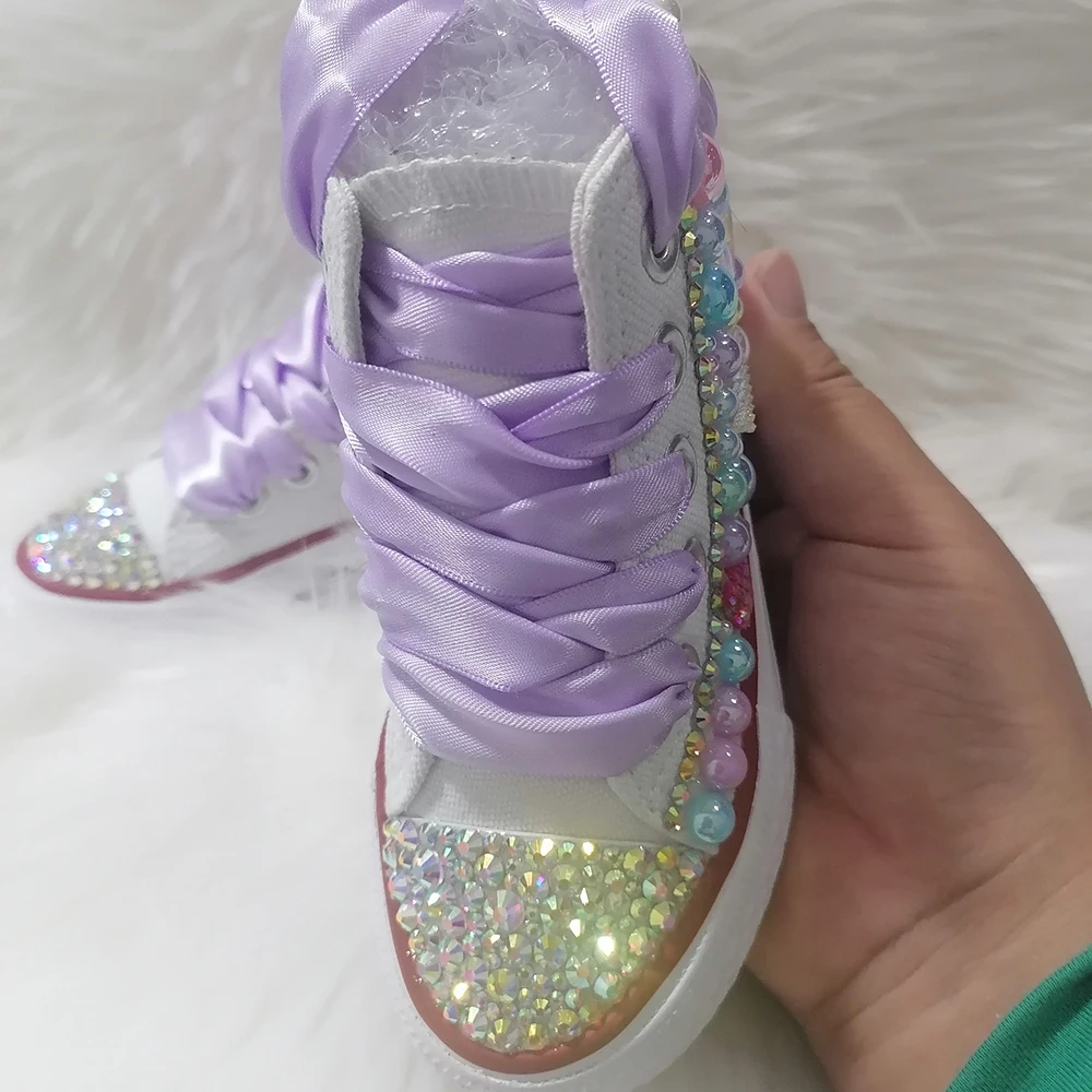 Handgemaakte Steentjes Bling Meisjes Dames Kinderen En Moeder Snoep Canvas Schoenen Parels Sneakers Voor Meisje Verjaardagsfeest Bruiloft