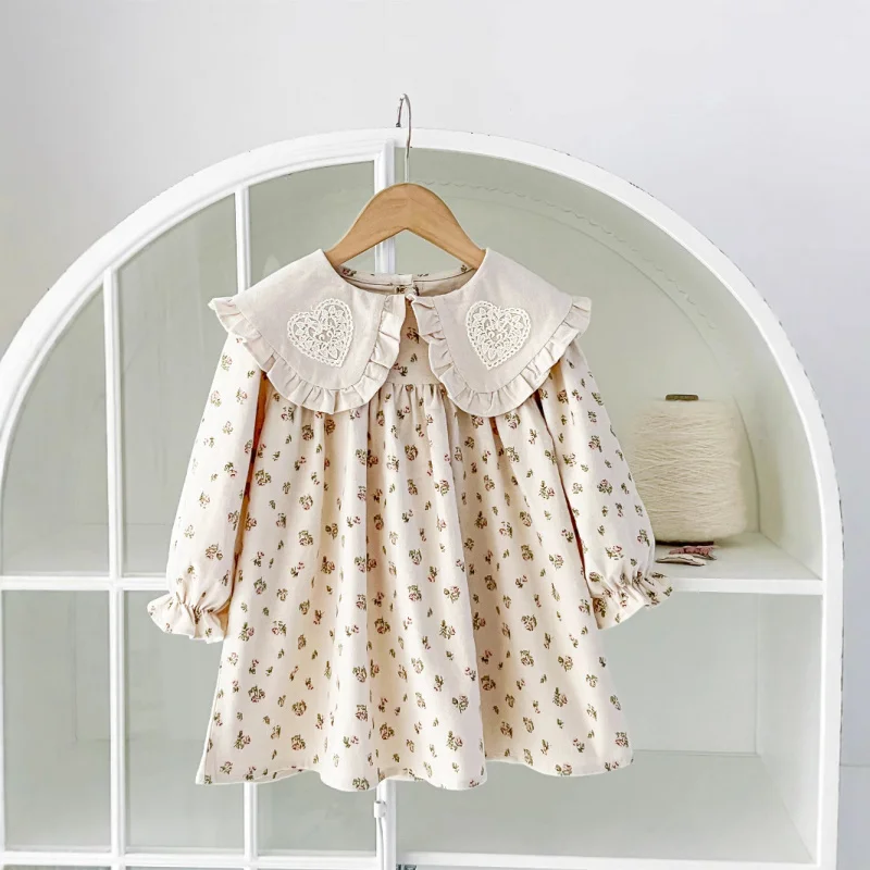 

Turn-down Collar Printed Lace Girls Dress Spring and Autumn New Long-sleeved Sweet Children Princess Skirt