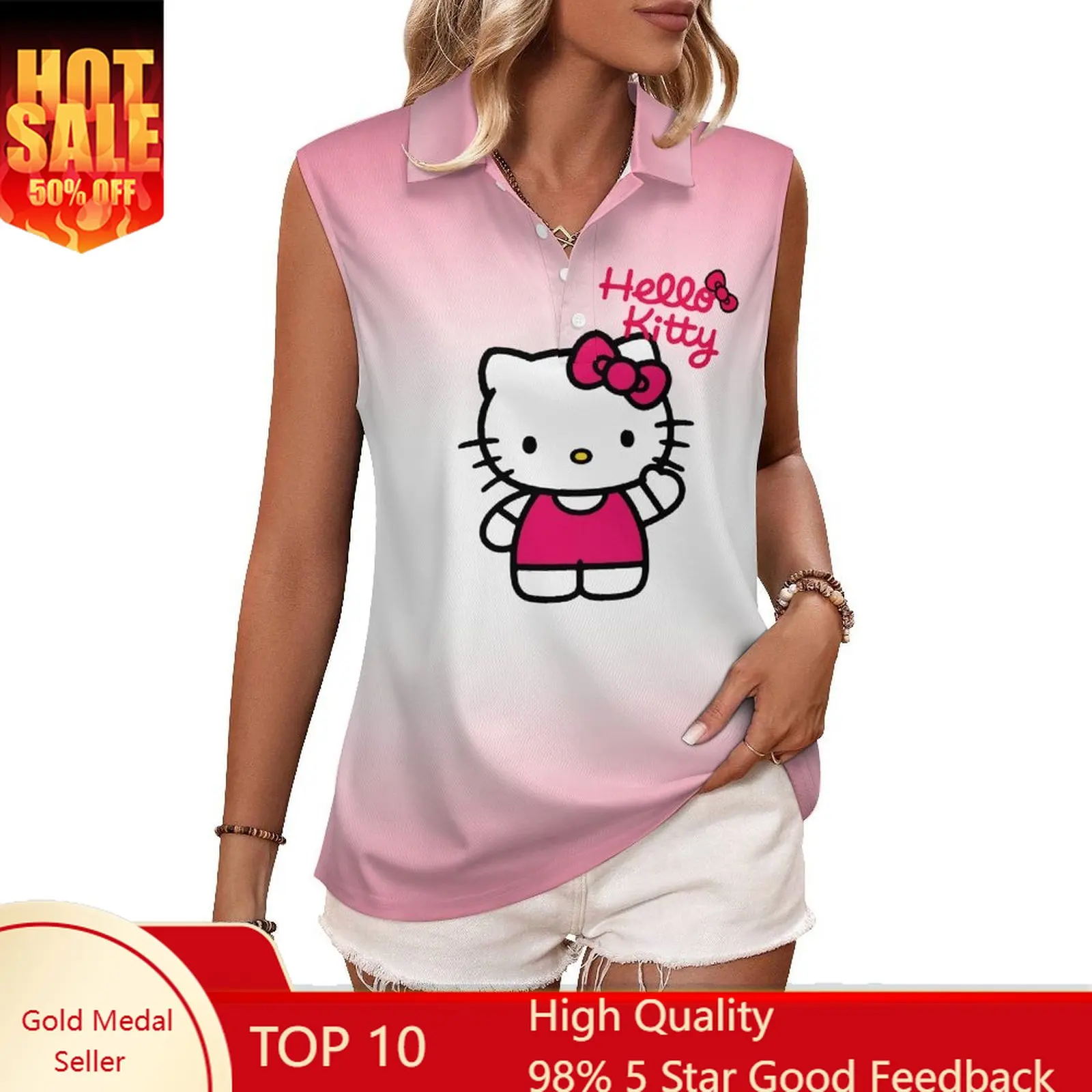 

Hello Kitty Tank Top Womens Sanrio Cartoon Sleeveless Polo Shirt Breathable Tshirt Fashion Vest Cute Summer Clothing
