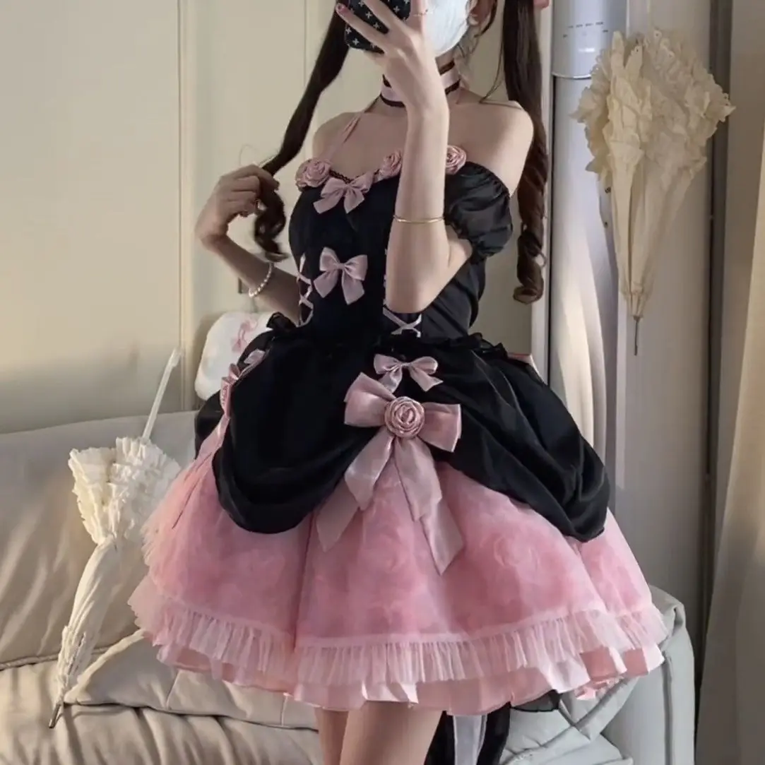 Lolita Pink Rose Black Powder Princess Style Corset Fishbone Net Yarn Short Skirt Women Summer Patchwork Halter Lacing Dress