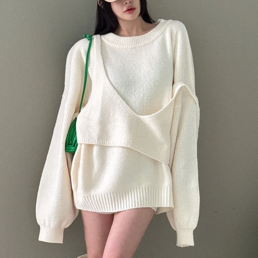 

Шикарный осенне-зимний вязаный свитер, женский круглый свободный ленивый комплект Dr Dr, комплект из двух предметов, корейский Sle Commute Faion