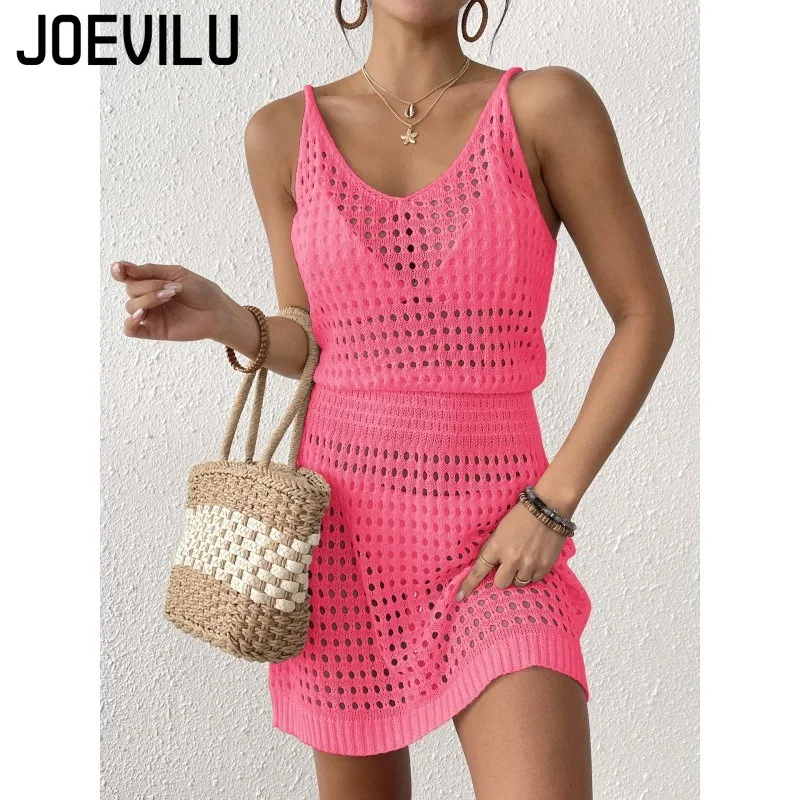 JOEVILU Camicetta da donna sexy in maglia senza maniche Abito europeo e americano con scollo all'americana Vita snellente Gonna con scollo all'americana Abiti da spiaggia ritagliati