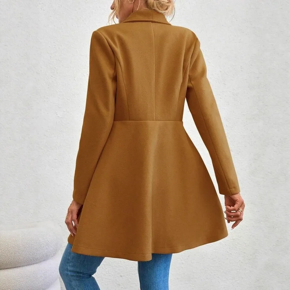 Women's Winter Female Thick Casual Mid-Length Coat with Notched Lapel Long Sleeve Double Breasted Two Button Solid Color