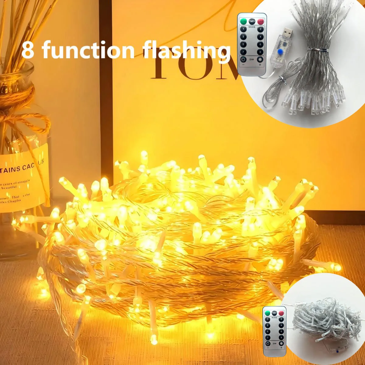 1Pc Christmas Led Decorative Light, 100/200 Leds (USB Powered with Remote Control) 8 Lighting Modes, Led Fairy Lights, Holiday Atmosphere Decoration