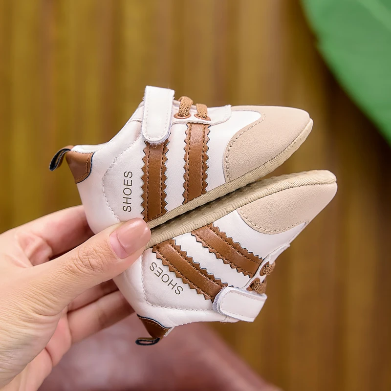 Frühlings- und Herbst-Babyschuhe, farblich abgesetzte, gestreifte Babyschuhe mit Klettverschluss, Lauflernschuhe mit weicher Sohle für Neugeborene, 0–12 Monate, Schuhe für Jungen und Mädchen – Detail 18