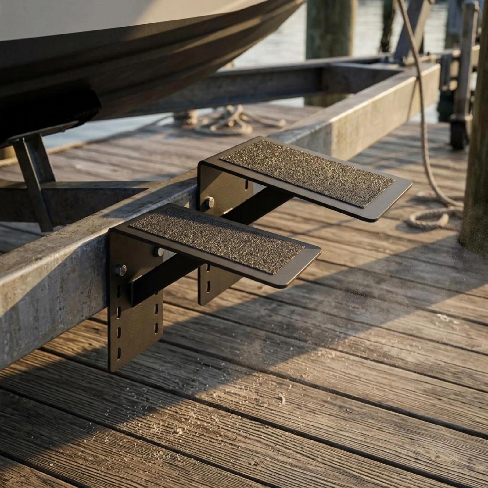 Yacht Step Assembly Textured Non-Slip Step Platform Anti-Skid Surface Black Heavy Duty Slotted Mounting Plates view 2