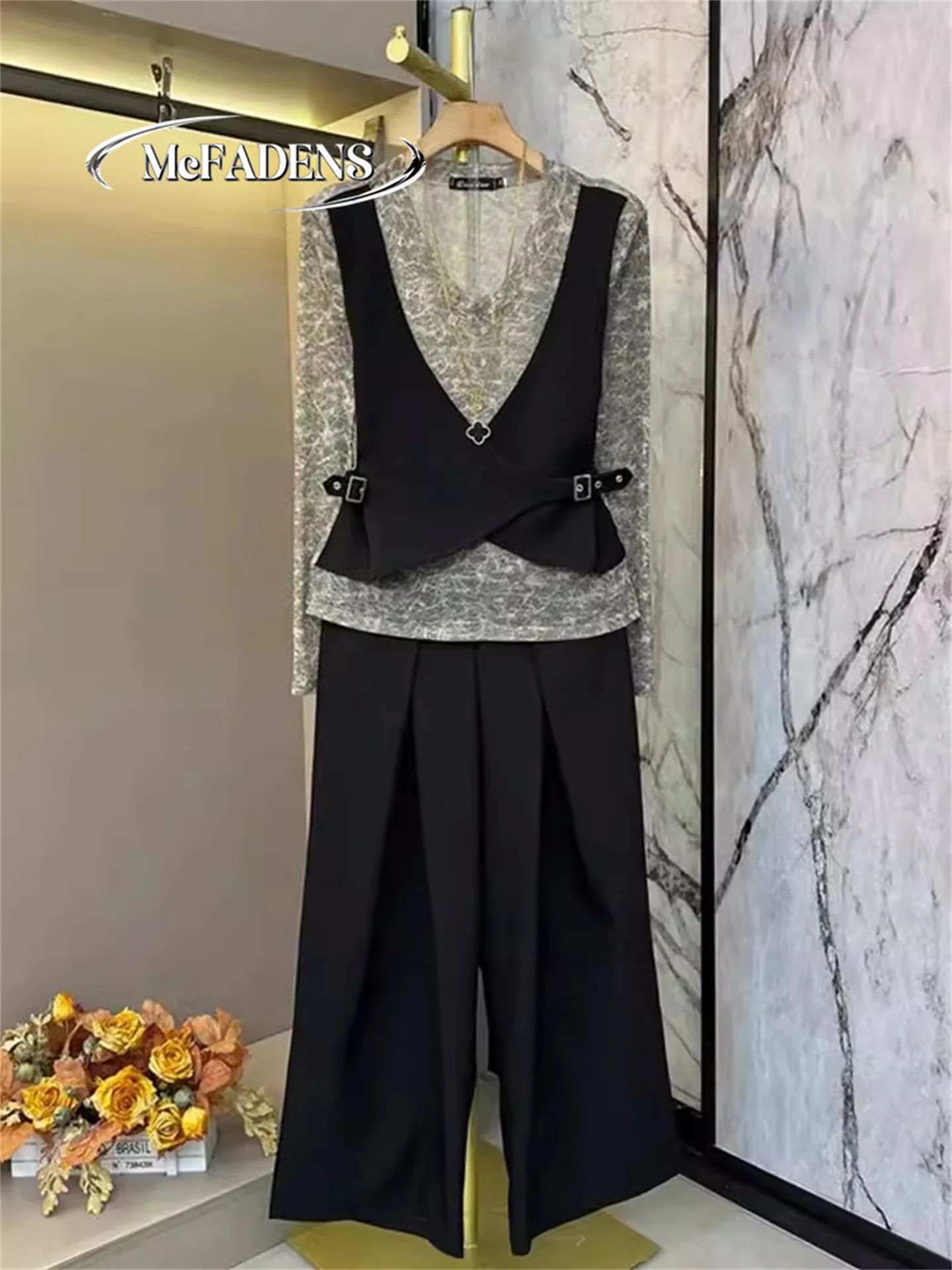

plus Size Fashion Set Slimming Effect Long Sleeve Color Block Vest Wide Leg Pants Elegant Maturity Style Two Piece Women's Wear