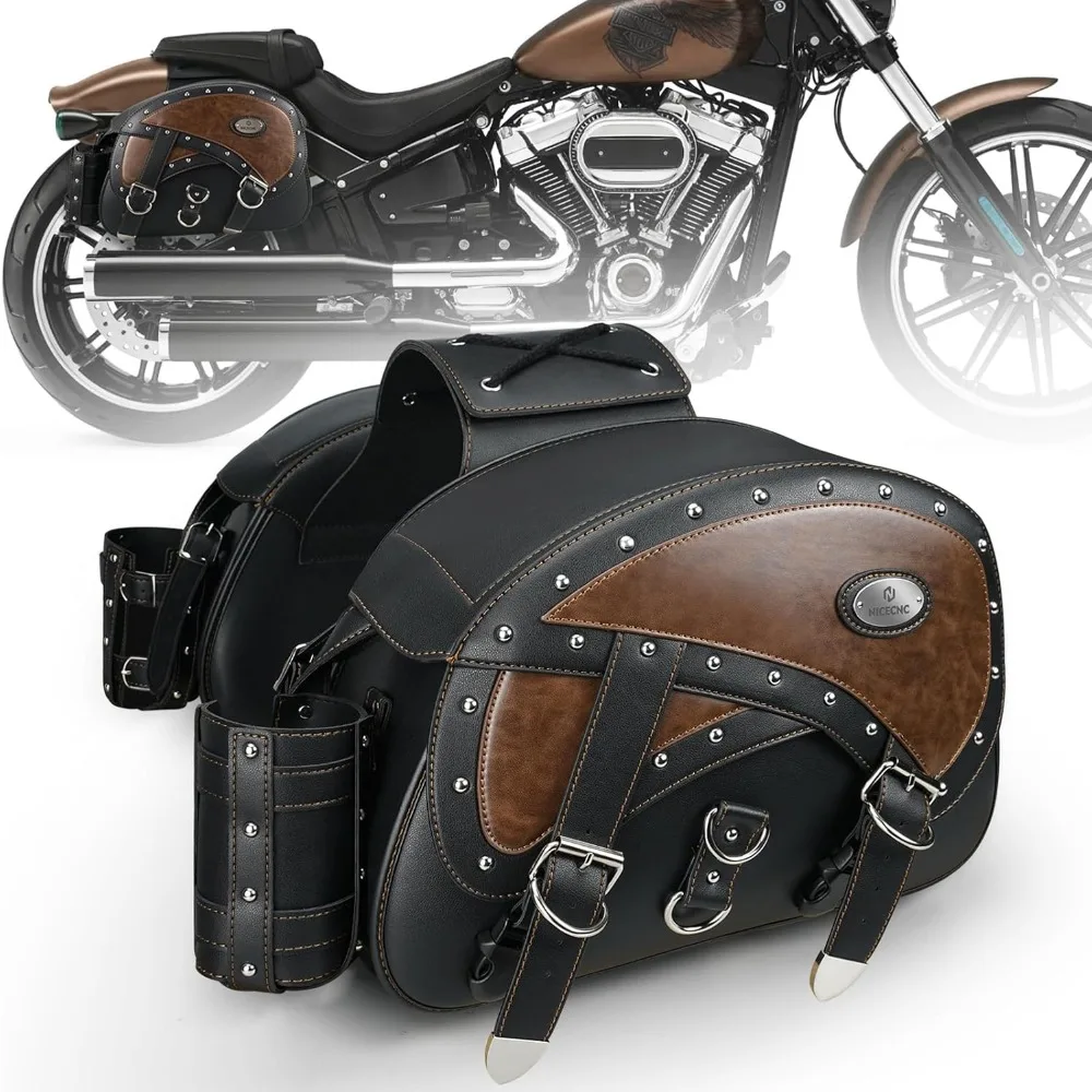 

motorcycle saddlebags leather, 35l large capacity throw over saddle bags motorcycle side luggage bags with cup holders, compati