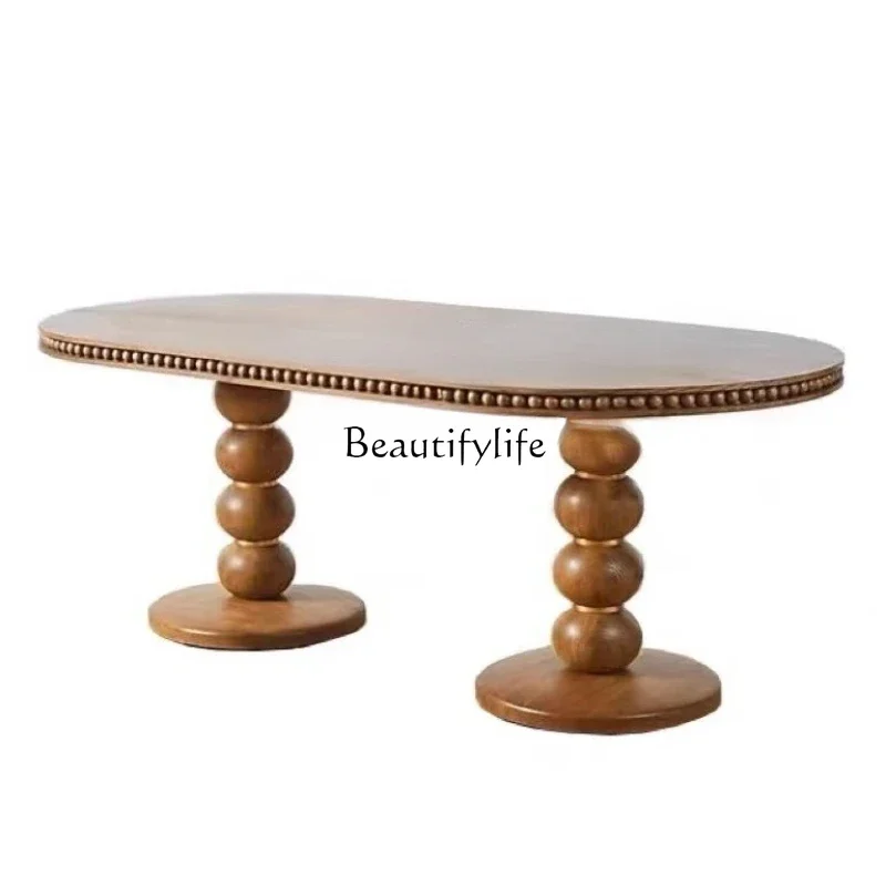 

ld14French Retro Solid Wood Dining Table Simple Oval Household Small Apartment Round Dining Table