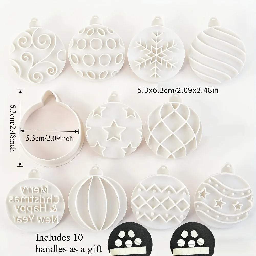 11Pcs Christmas Ornament Cookie Cutter Set  3D Embossed Ball Molds with 10 Patterns, Plastic Baking Tools for Holiday Treats view 6
