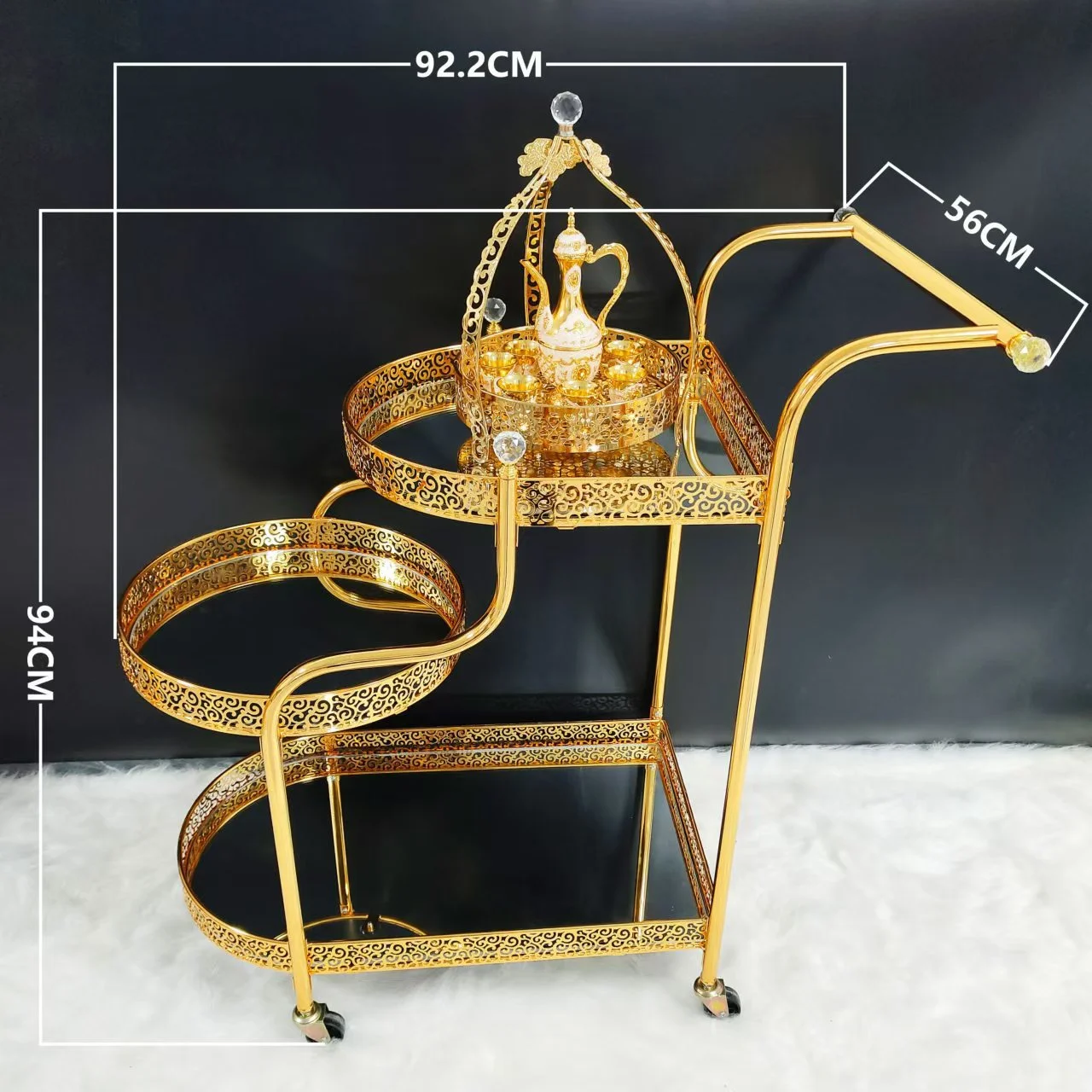 Nordric Crystal Gold Dining Trolley Triple Glass Metal For Wedding Hotel Wine Trolley